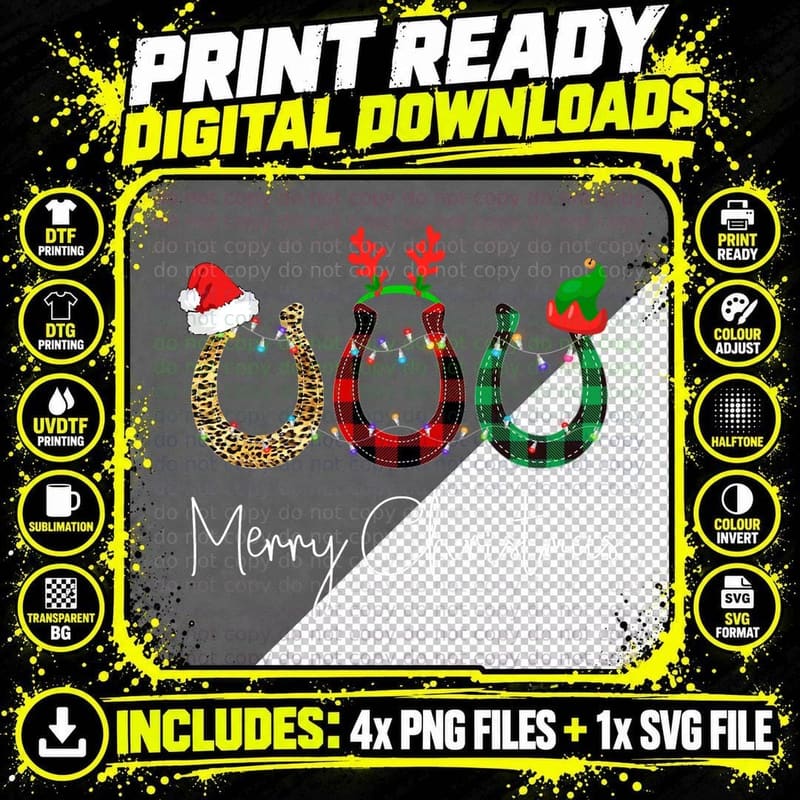 Christmas Horseshoe Leopard Plaid Santa Hat Horse Xmas Png SVG Digital Bundle