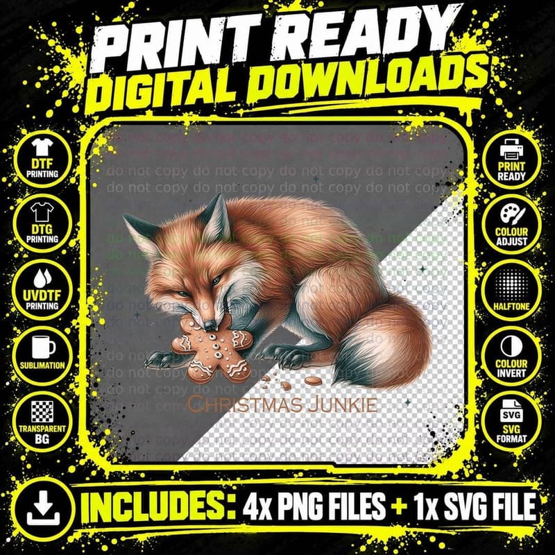 Christmas Junkie Fox Eating Gingerbread Man Funny Png SVG Digital Bundle