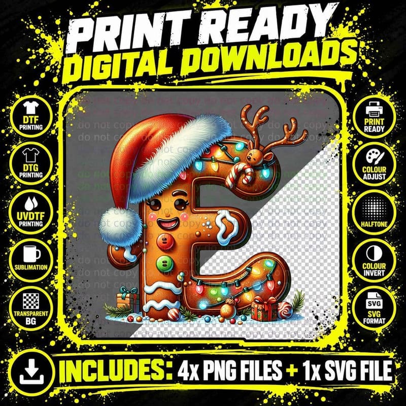Christmas Letter E Gingerbread with Santa Hat and Png SVG Digital Bundle