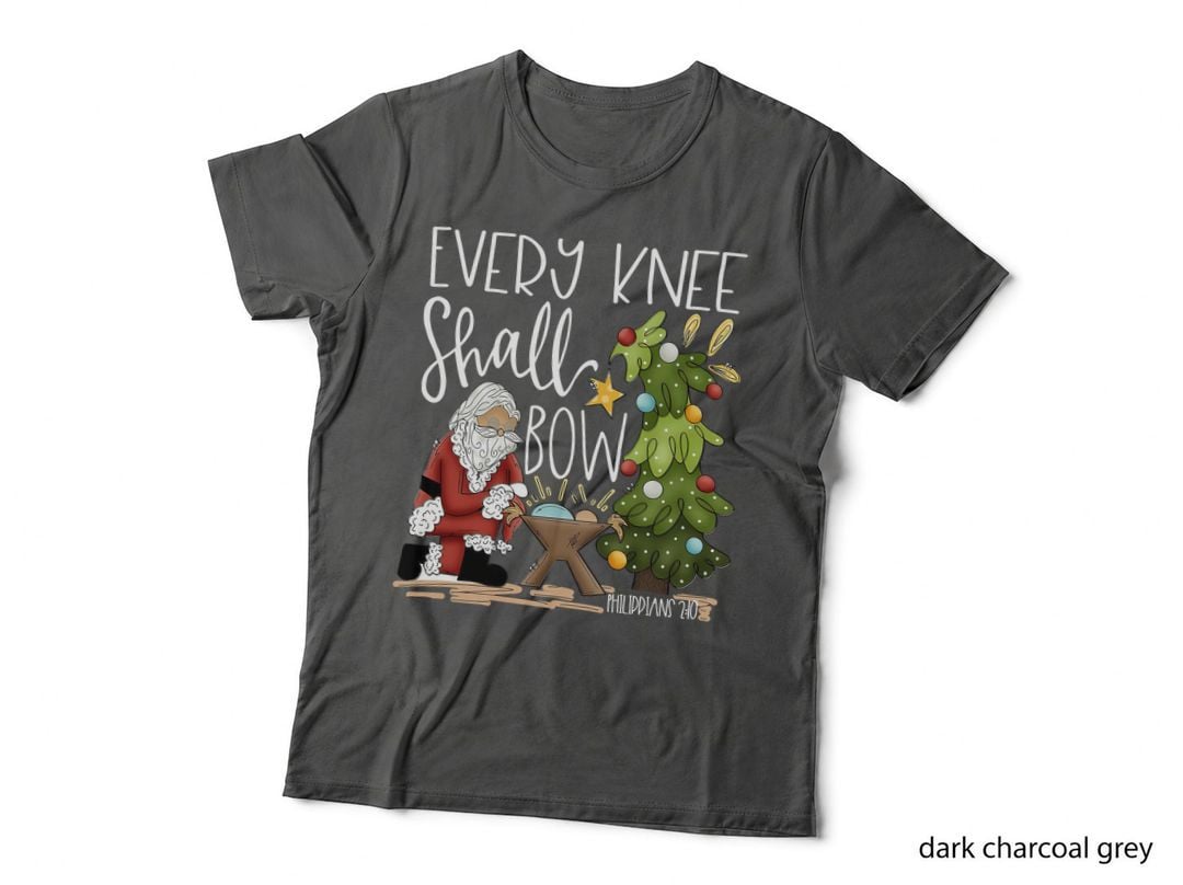 Christmas Light Tree Santa Christian Every Knee Shall Bow T-Shirt