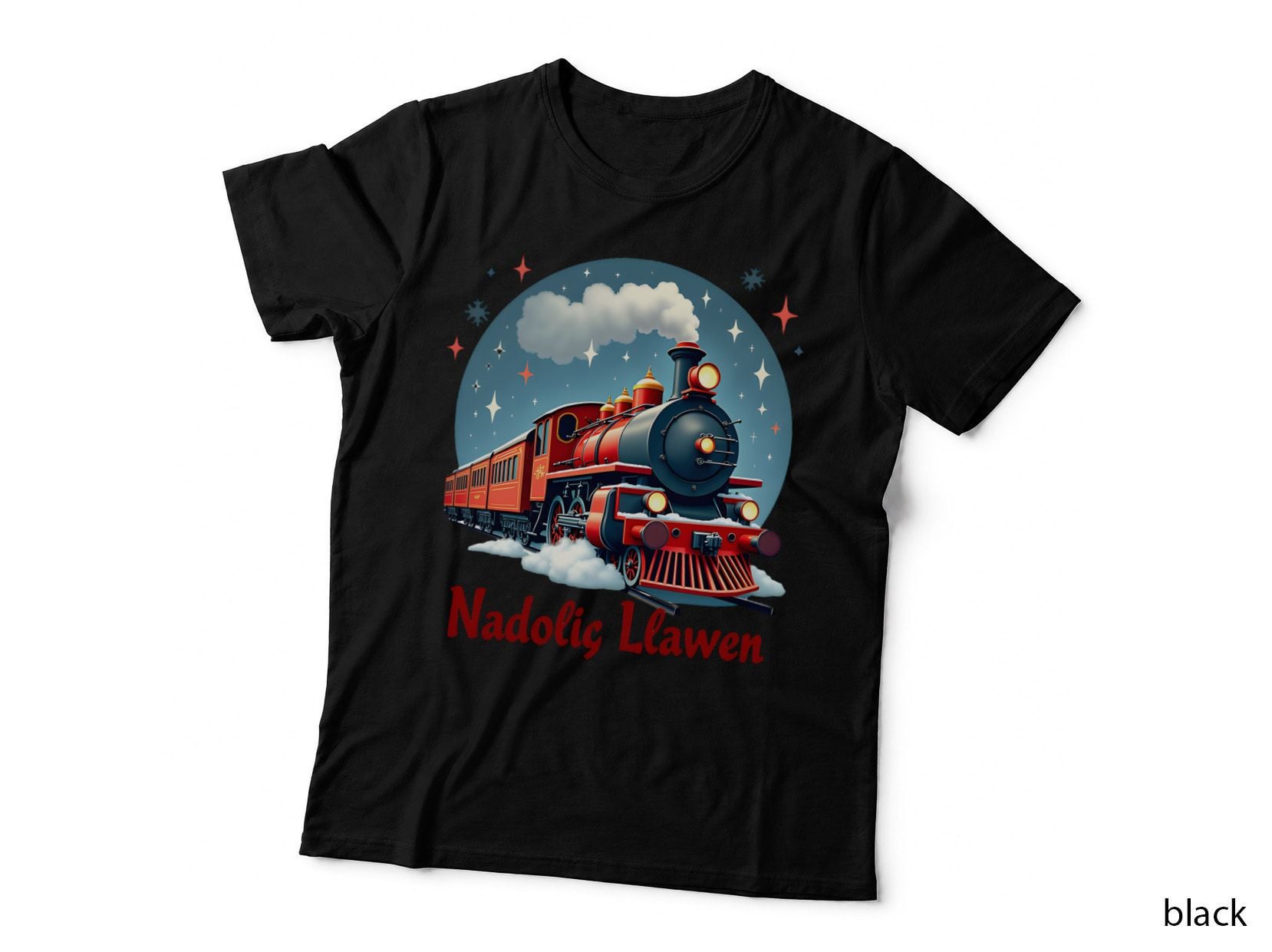 Christmas Long Locomotive Train Nadolig Llawen Stars Snowflakes Welsh T-Shirt
