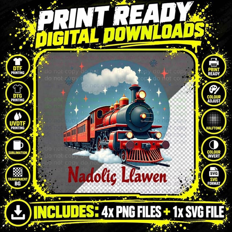 Christmas Long Locomotive Train Nadolig Llawen Stars Png SVG Digital Bundle