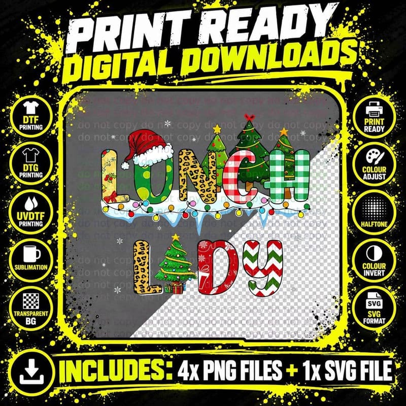 Christmas Lunch Lady Santa Hat Xmas Pattern Buffalo Png SVG Digital Bundle