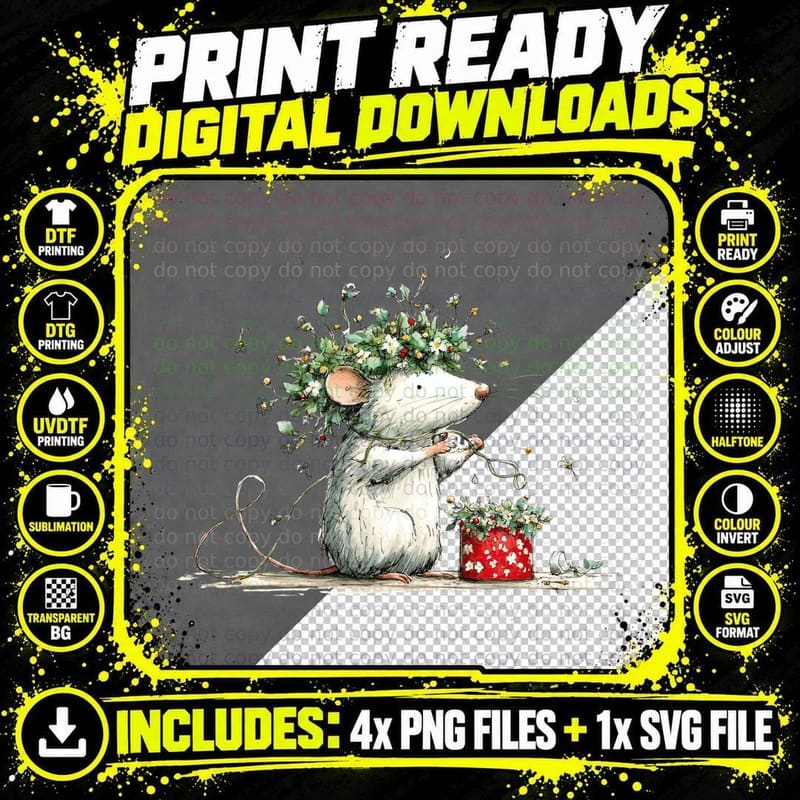 Christmas Mouse Making Holly Wreath Cute Festive Winter Png SVG Digital Bundle