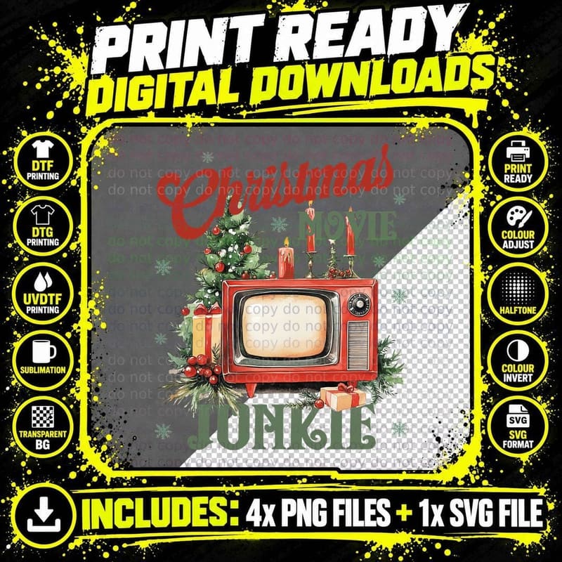 Christmas Movie Junkie Vintage TV Christmas Tree Holiday Png SVG Digital Bundle