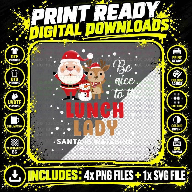 Christmas Pajama Be Nice to the Lunch Lady Santa Is Png SVG Digital Bundle