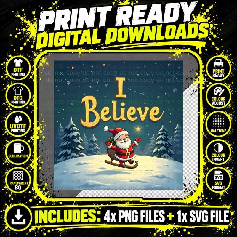 Christmas Santa Sled Magical Winter Night Believe T-Shirt Png SVG Digital Bundle