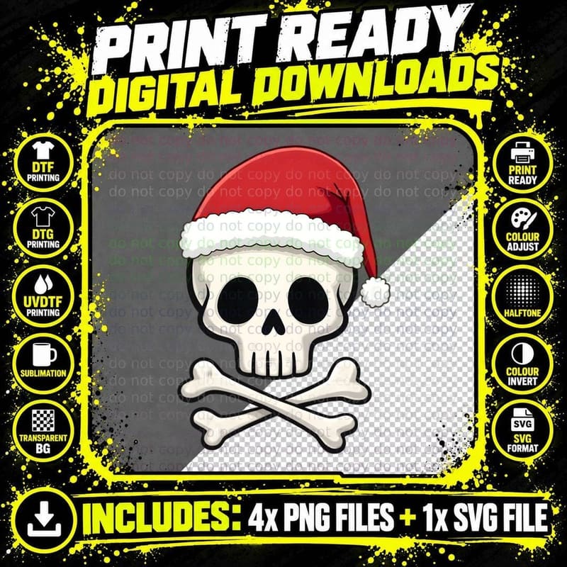 Christmas Skull and Crossbones Santa Hat Holiday T-Shirt Png SVG Digital Bundle