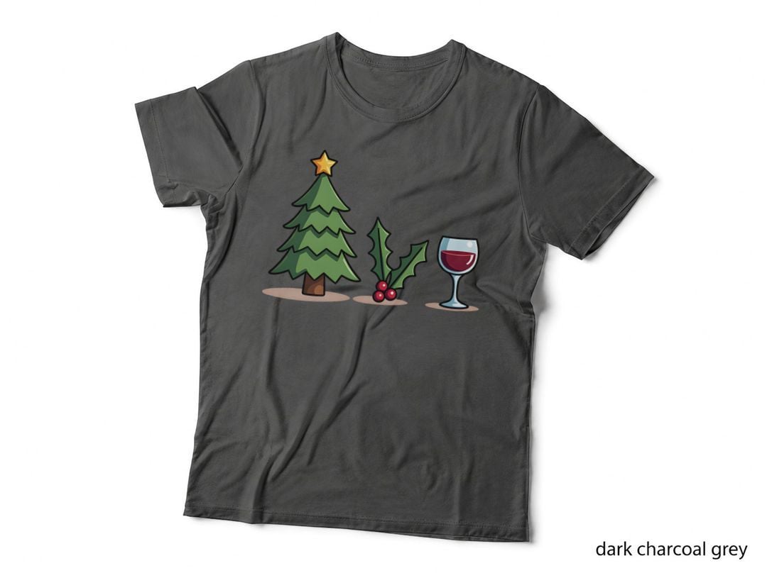 Christmas Tree Holly and Wine Glass Minimalist Holiday T-Shirt