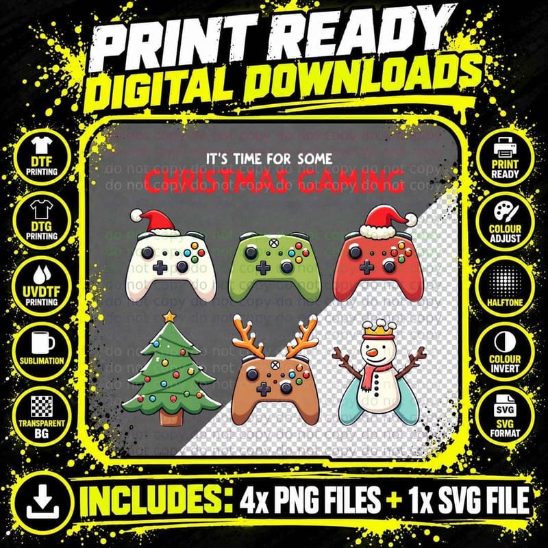 Christmas, Santa and Reindeer Game Controller T-Shirt Png SVG Digital Bundle