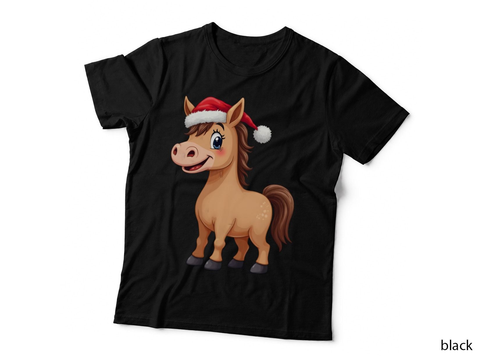Chubby Christmas Horse, Cute Funny Xmas Horse with Santa Hat T-Shirt
