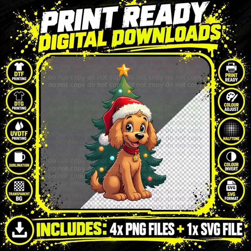 Cockapoo Dog Santa Christmas Tree Lights Winter Holidays Png SVG Digital Bundle