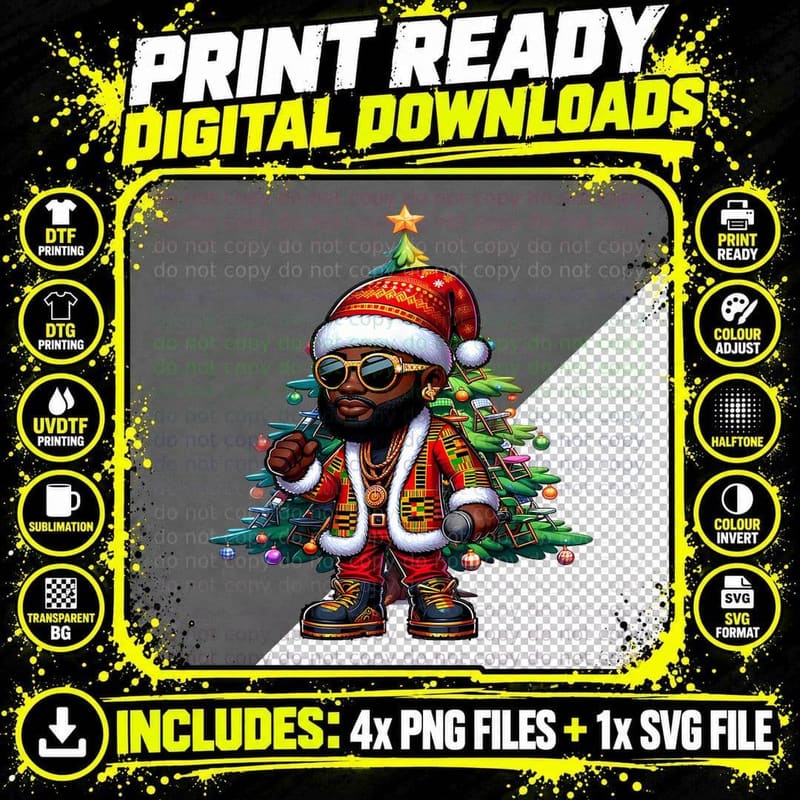 Cool Black Santa Christmas Hip Hop Style Afro Holiday Png SVG Digital Bundle