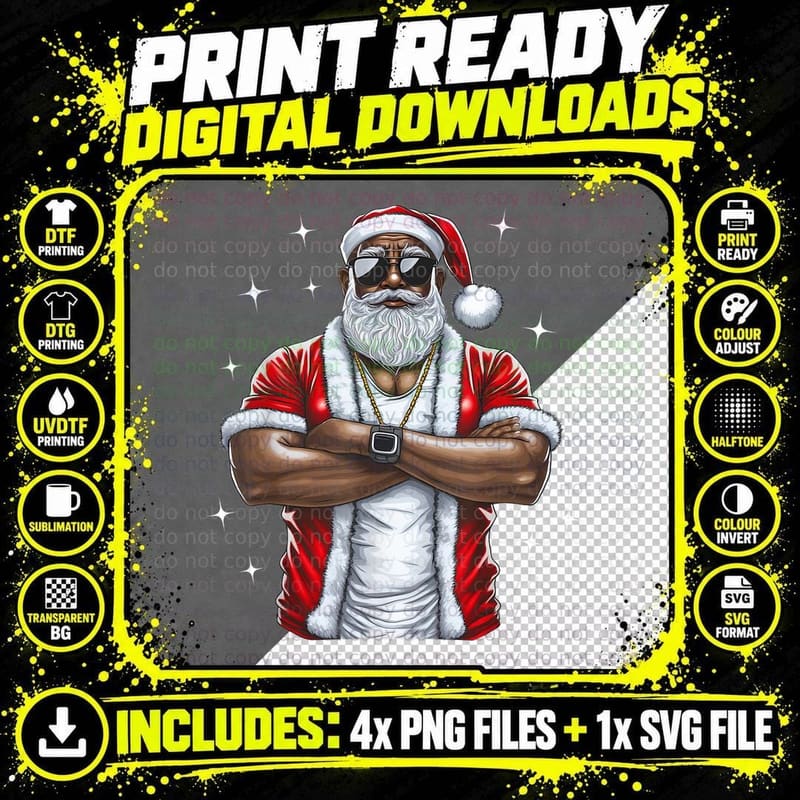 Cool Black Santa Claus Muscular Christmas Holiday Funny Png SVG Digital Bundle