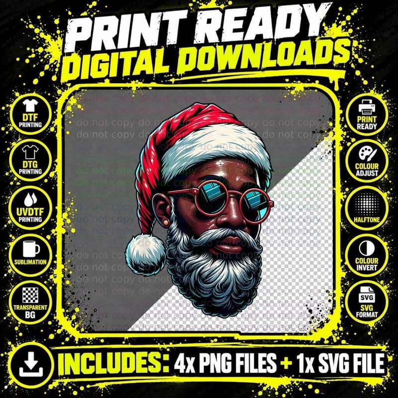 Cool Black Santa Claus with Sunglasses Urban Christmas Png SVG Digital Bundle