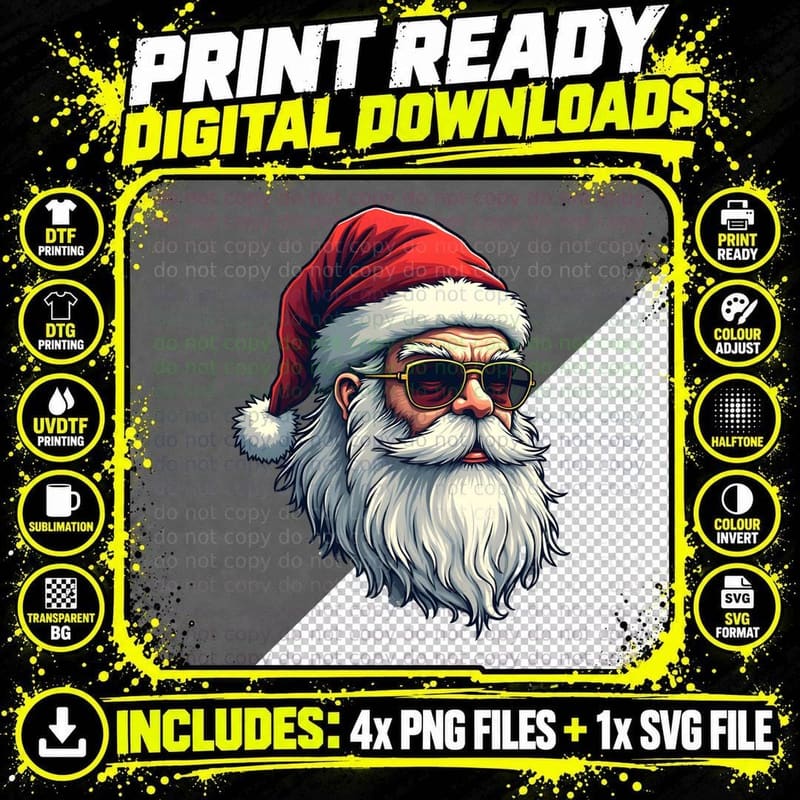 Cool Santa Claus in Aviator Sunglasses Christmas Holiday Png SVG Digital Bundle