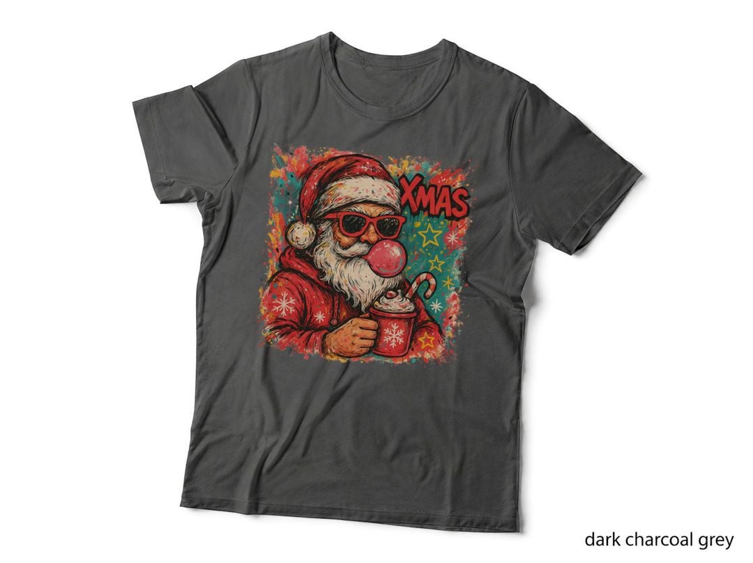 Cool Santa Drinking Cocoa Retro Xmas Bubblegum Funny Christmas Art T-Shirt