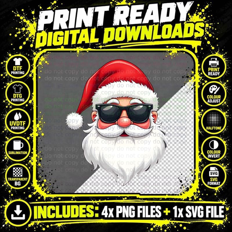 Cool Santa Head with Sunglasses Christmas Holiday Funny Png SVG Digital Bundle