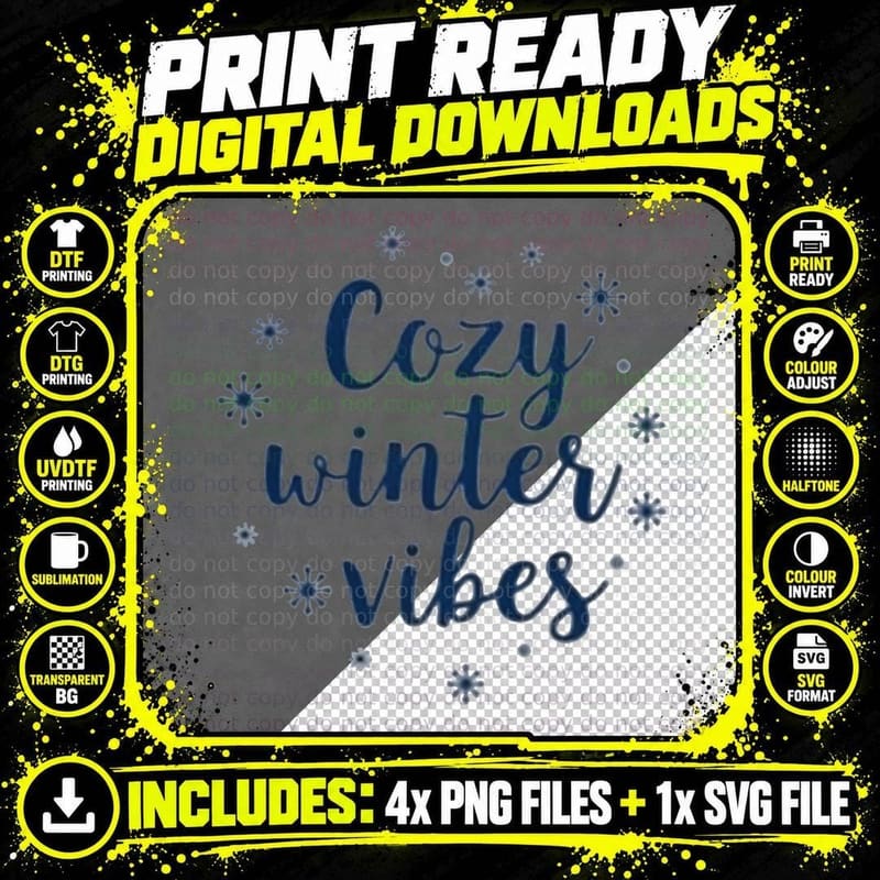 Cozy Winter Vibes & Blue Snowflakes Festive Season Png SVG Digital Bundle