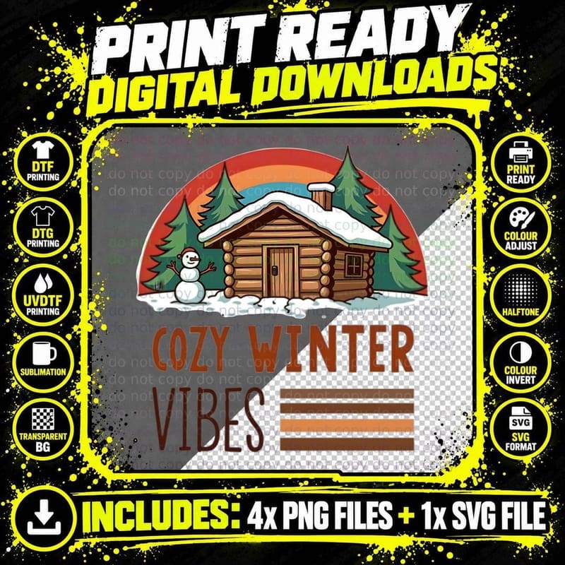 Cozy Winter Vibes Log Cabin Snowman & Trees T-Shirt Png SVG Digital Bundle