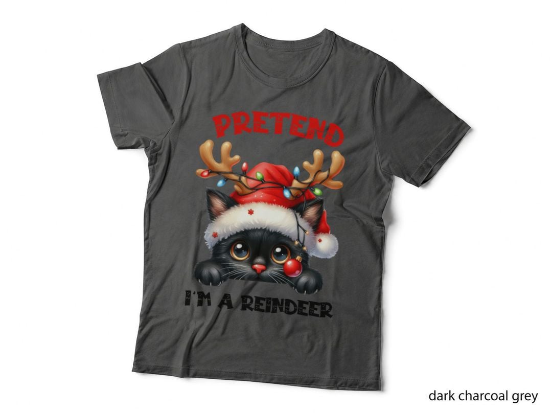 Cute Black Cat Pretend Reindeer Santa Hat Holiday Gift Cat Lovers T-Shirt