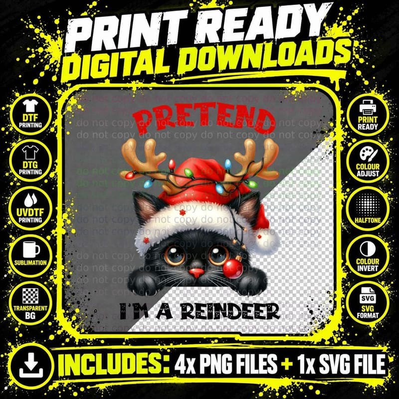 Cute Black Cat Pretend Reindeer Santa Hat Holiday Gift Png SVG Digital Bundle