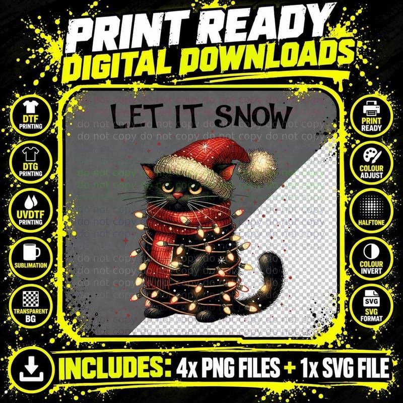 Cute Black Cat Wrapped in Christmas Lights Santa Hat Png SVG Digital Bundle