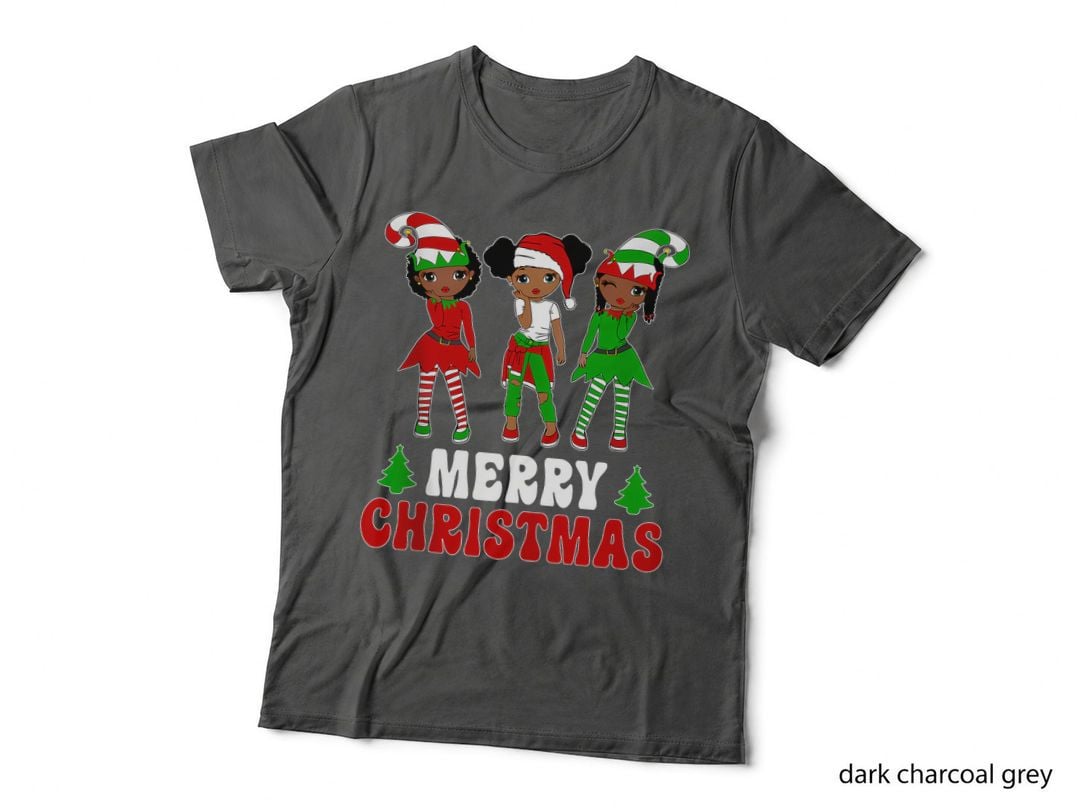 Cute Black Girl Christmas Elves Merry Holiday Family Matching T-Shirt