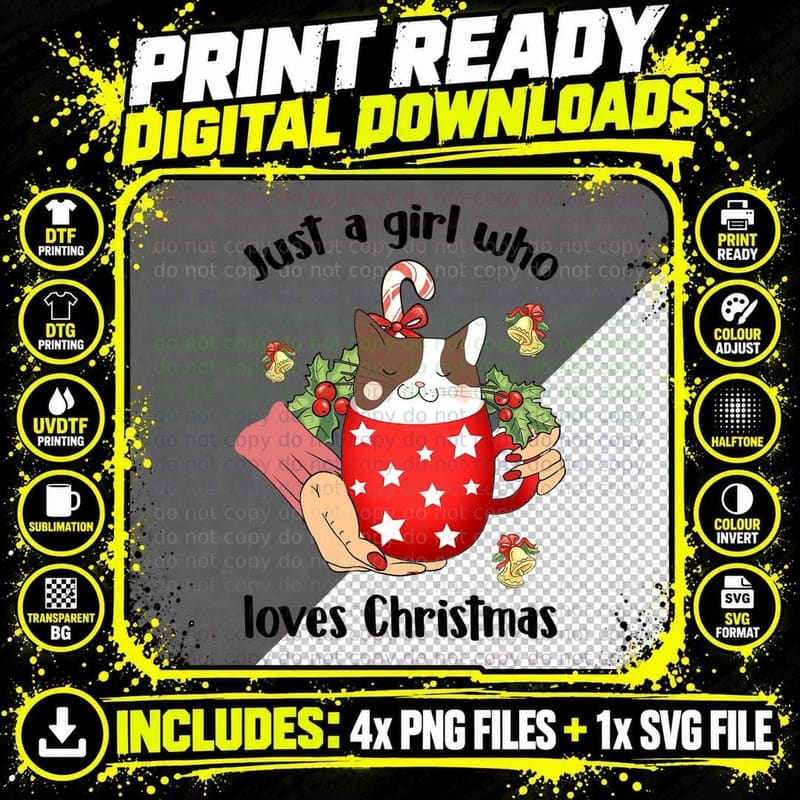 Cute Cat Coffee Mug Christmas Candy Cane Cozy Winter Cat Png SVG Digital Bundle