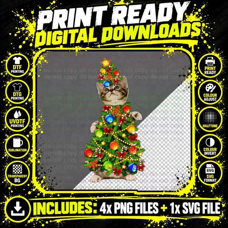 Cute Cat Dressed as Christmas Tree Funny Holiday Lights Png SVG Digital Bundle