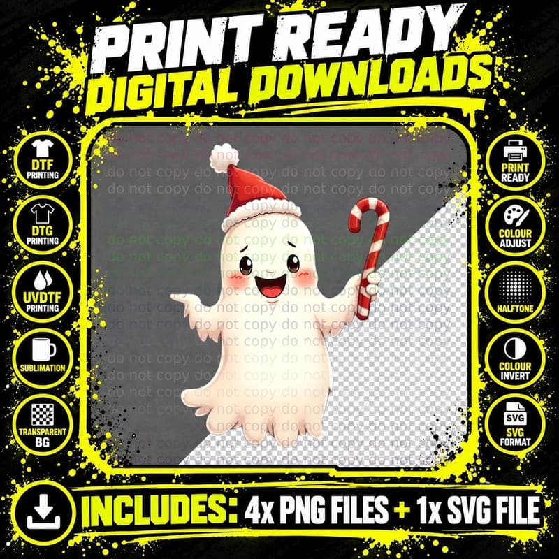 Cute Christmas Ghost Candy Cane Spooky Holiday T-Shirt Png SVG Digital Bundle