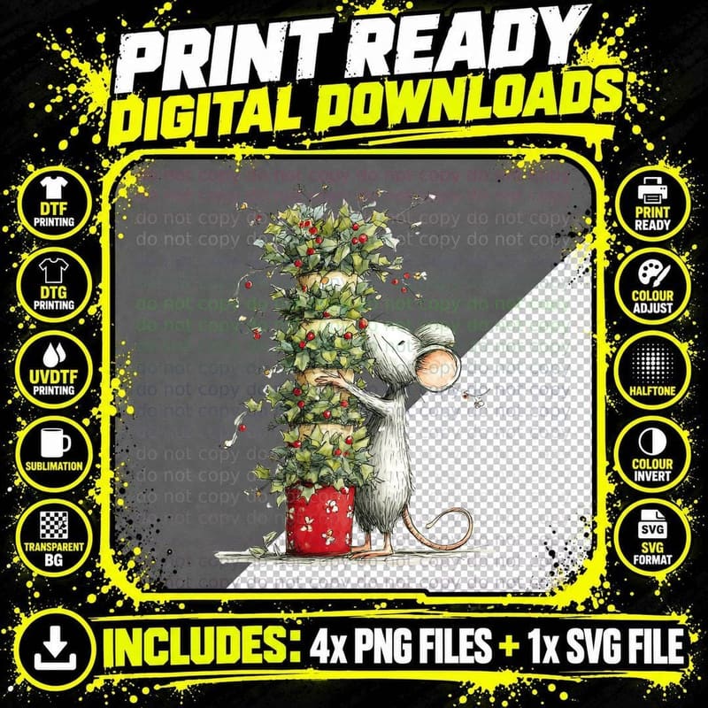 Cute Christmas Mouse Hugging Holly Ivy Stack Festive Png SVG Digital Bundle
