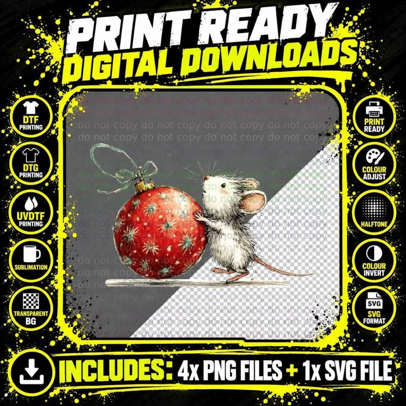 Cute Christmas Mouse with Big Red Ornament Holiday Gift Png SVG Digital Bundle