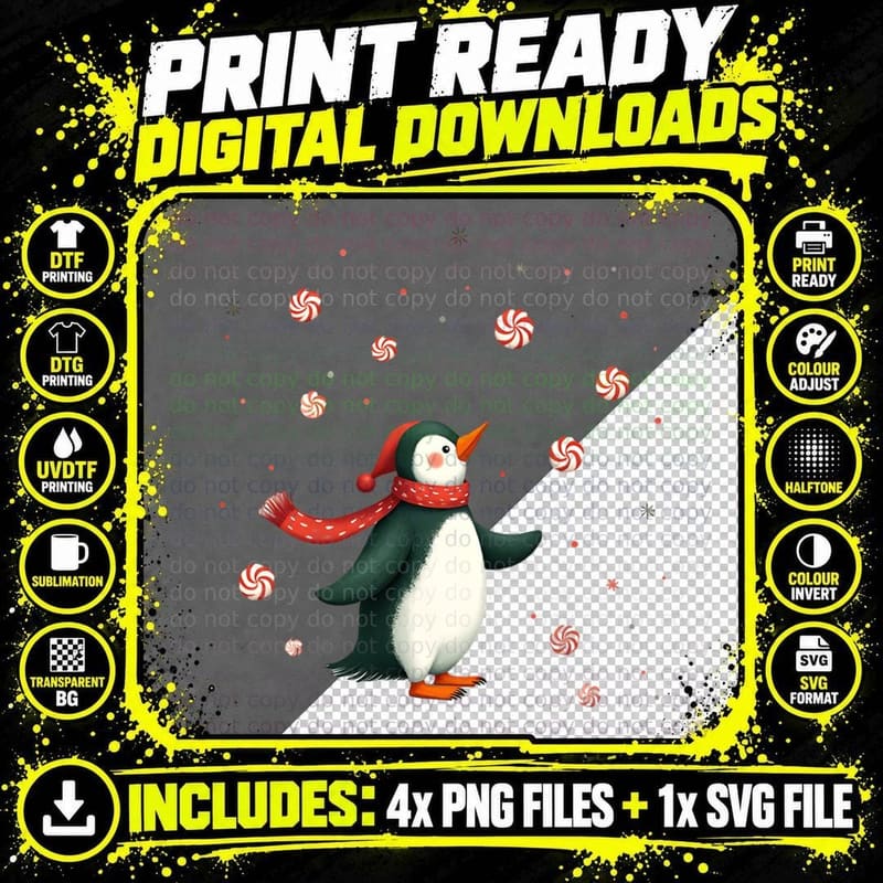 Cute Christmas Penguin Peppermint Candy Scarf Winter Png SVG Digital Bundle