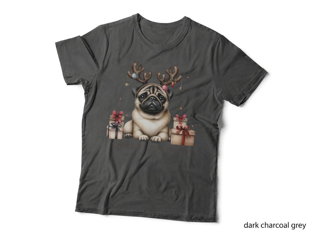 Cute Christmas Pug with Antlers and Presents Holiday Dog Lover T-Shirt