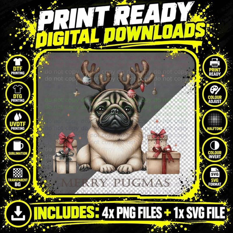 Cute Christmas Pug with Antlers and Presents Holiday Dog Png SVG Digital Bundle
