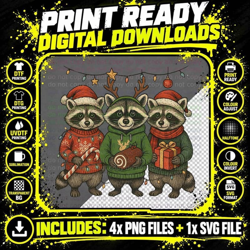 Cute Christmas Raccoons Holiday Lights Candy Cane Gift Png SVG Digital Bundle