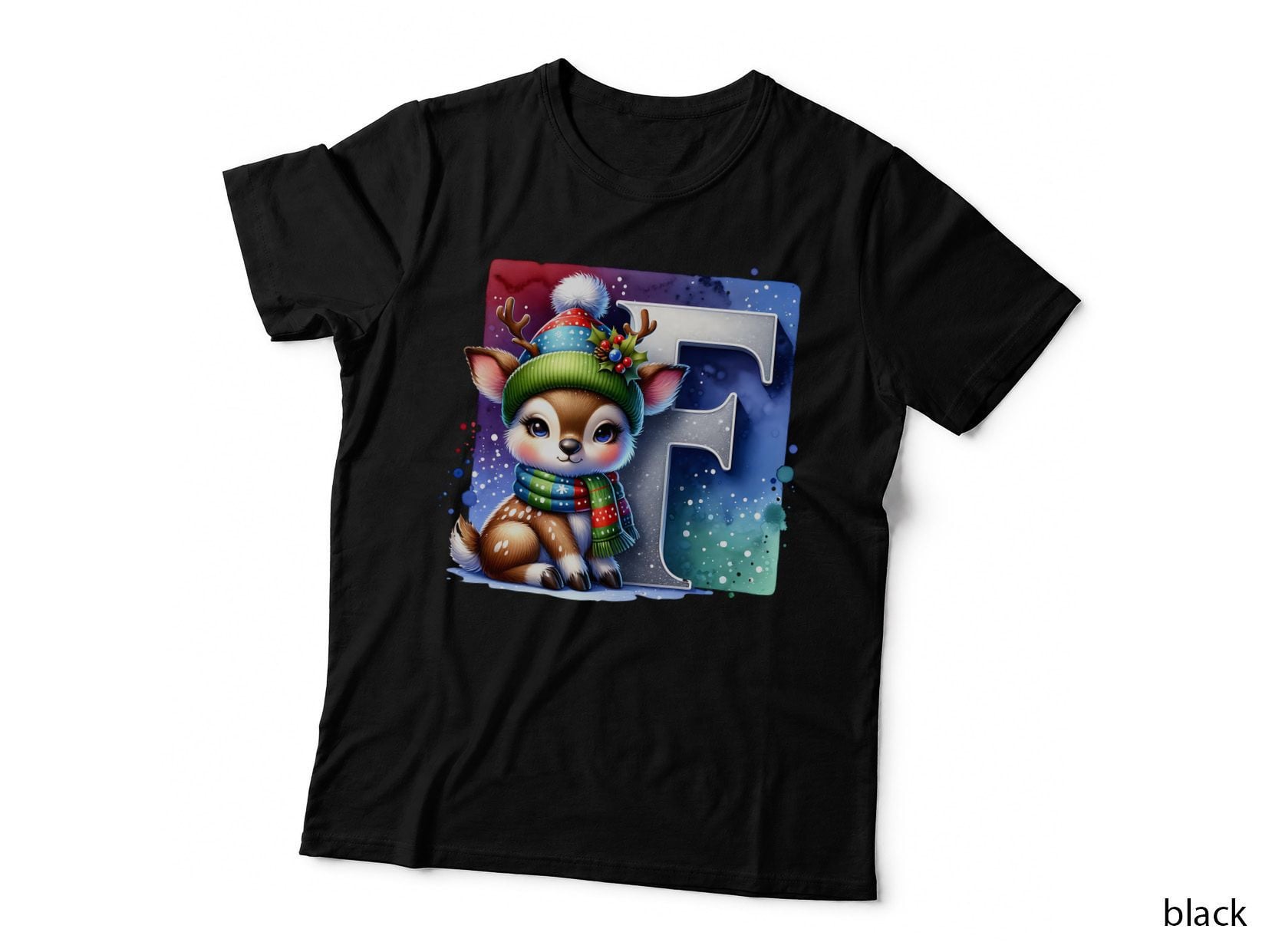 Cute Christmas Reindeer Letter F Winter Snowflake Holiday Design T-Shirt