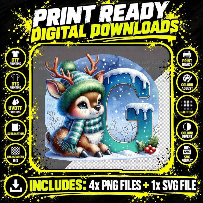 Cute Christmas Reindeer Letter G Winter Snowflake Png SVG Digital Bundle