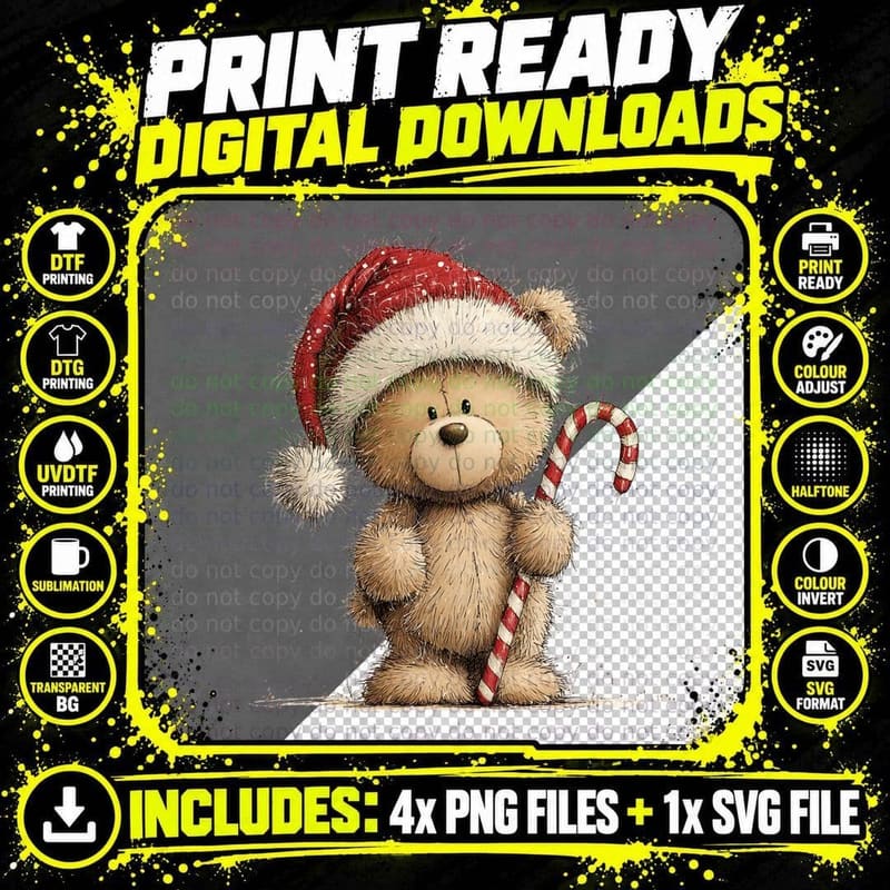 Cute Christmas Teddy Bear Holding Candy Cane in Santa Png SVG Digital Bundle