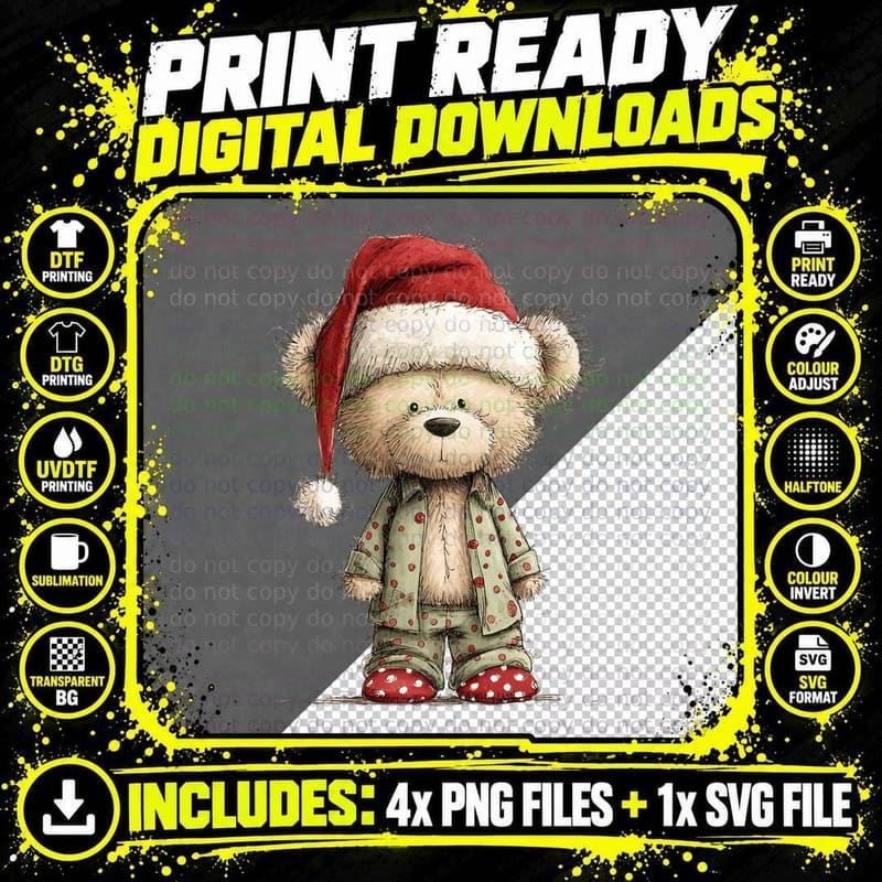 Cute Christmas Teddy Bear in Pajamas and Santa Hat Png SVG Digital Bundle
