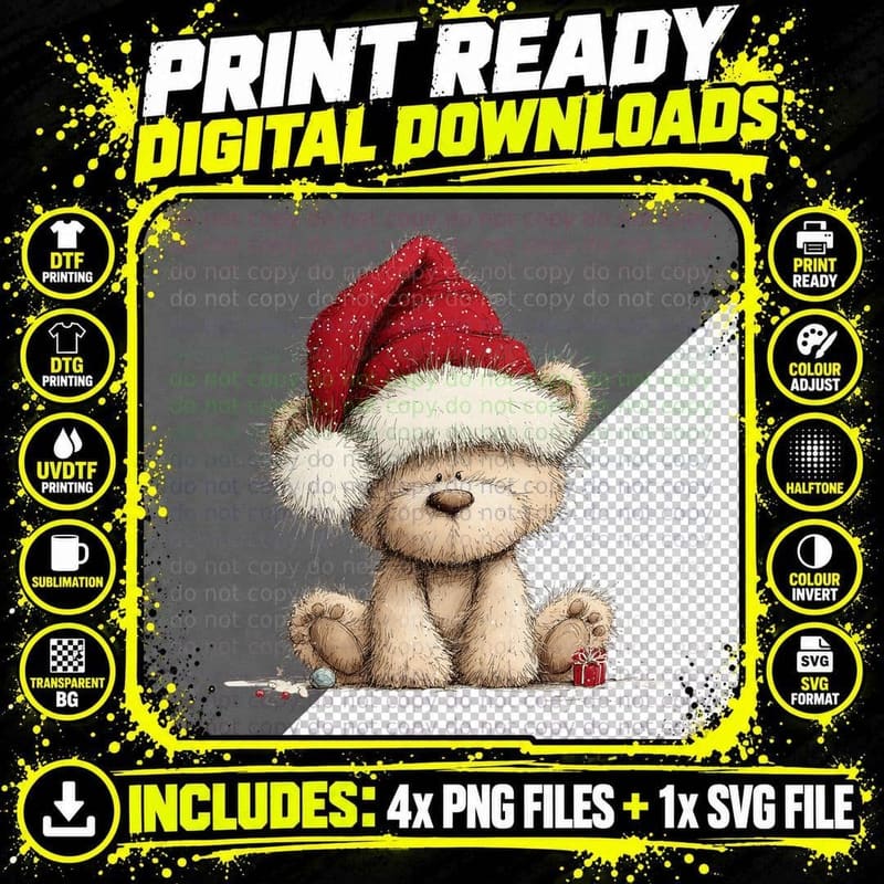 Cute Christmas Teddy Bear in Santa Hat Adorable Holiday Png SVG Digital Bundle