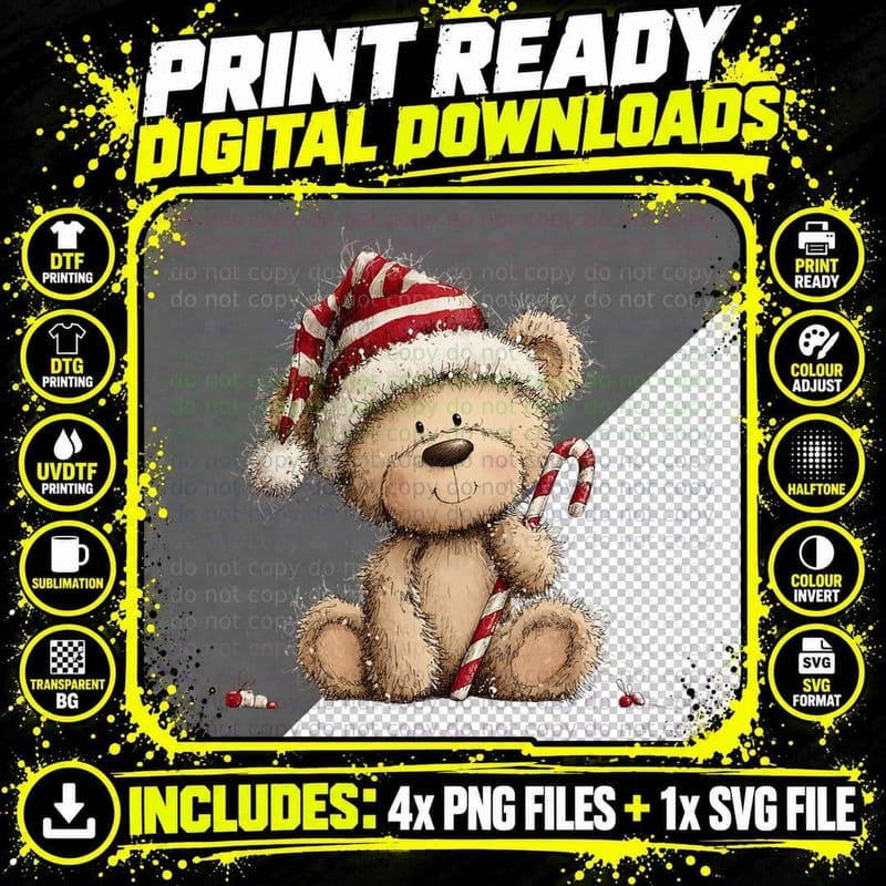 Cute Christmas Teddy Bear in Striped Santa Hat Holding Png SVG Digital Bundle