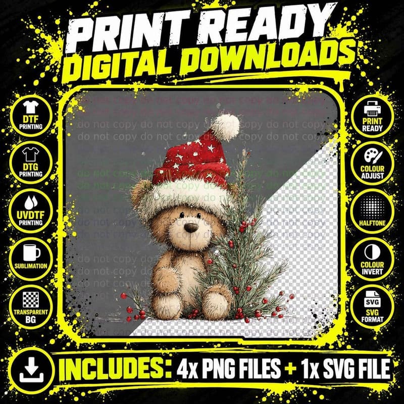 Cute Christmas Teddy Bear with Santa Hat and Tree Png SVG Digital Bundle