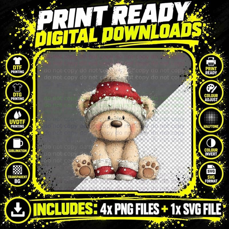 Cute Fluffy Teddy Bear in Red Knit Pom Hat Sitting in Png SVG Digital Bundle