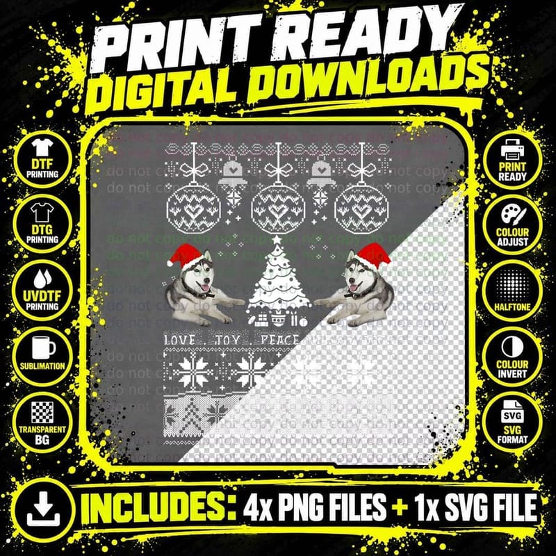 Cute Husky Christmas Sweater Shirt-Love Joy Peace Husky Png SVG Digital Bundle