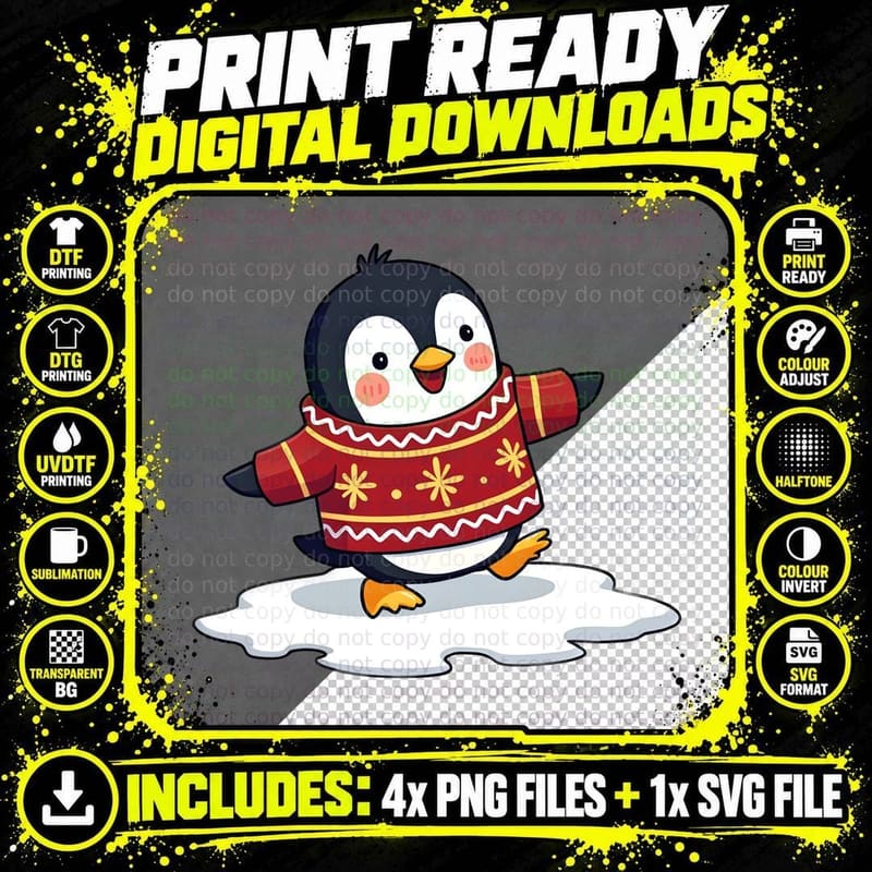 Cute Penguin with a Festive Sweater T-Shirt Png SVG Digital Bundle