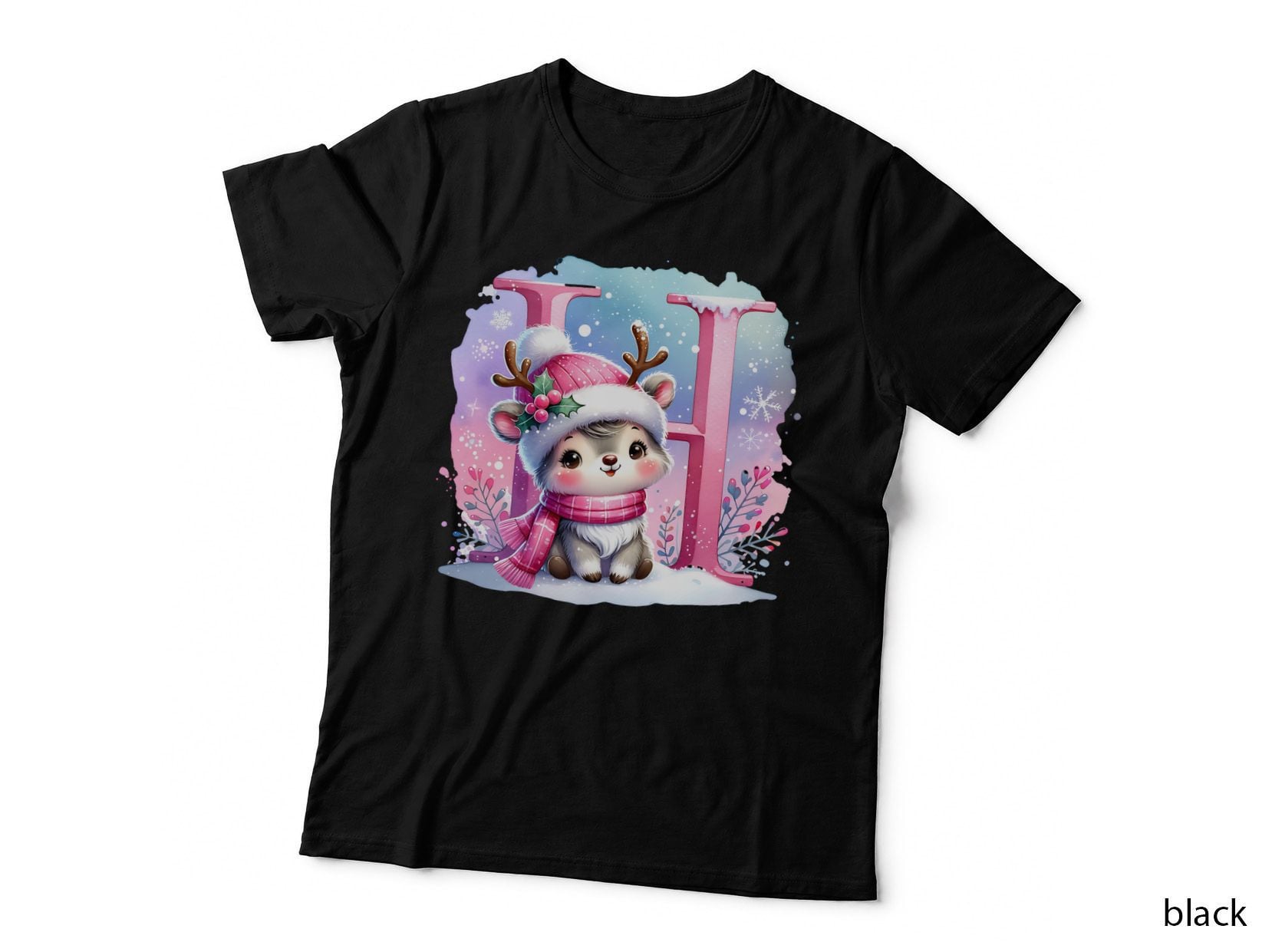 Cute Pink Christmas Reindeer Letter H Winter Snowflake Holiday Design T-Shirt