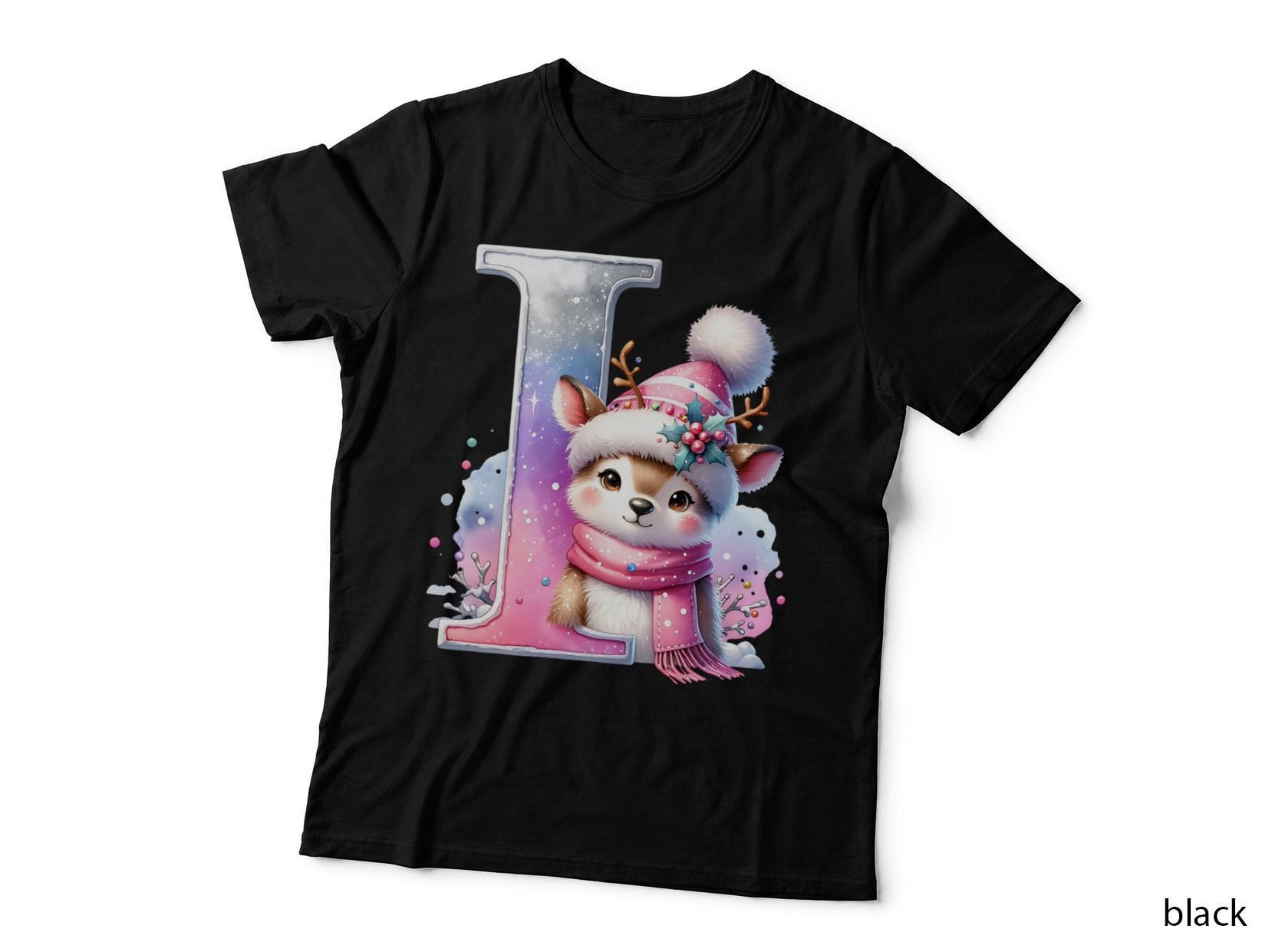 Cute Pink Christmas Reindeer Letter I Winter Snowflake Holiday Design T-Shirt