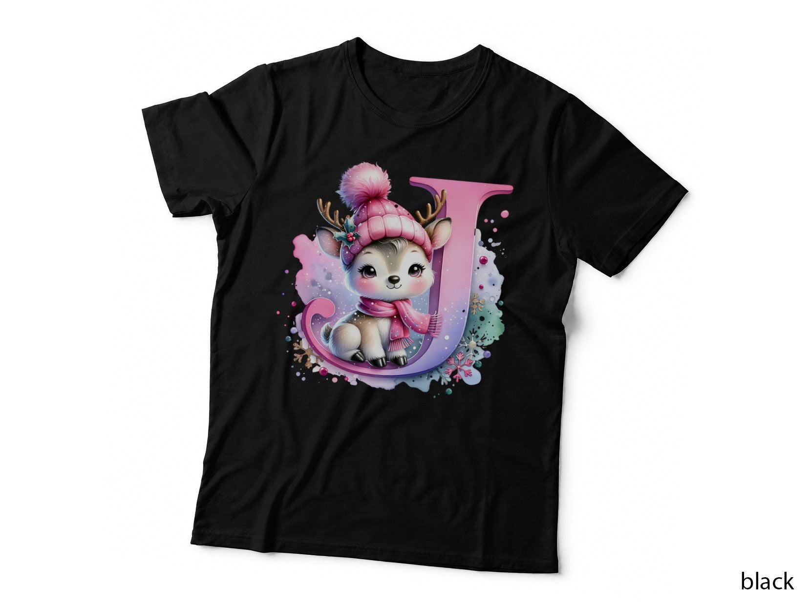 Cute Pink Christmas Reindeer Letter J Winter Snowflake Holiday Design T-Shirt